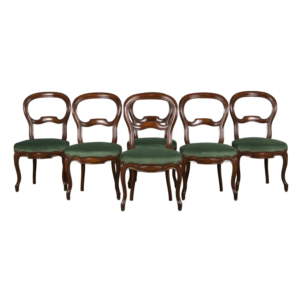 Antique French Louis XV Style Balloon Back Maple Dining Chairs W/ Green Velvet - Set of 6