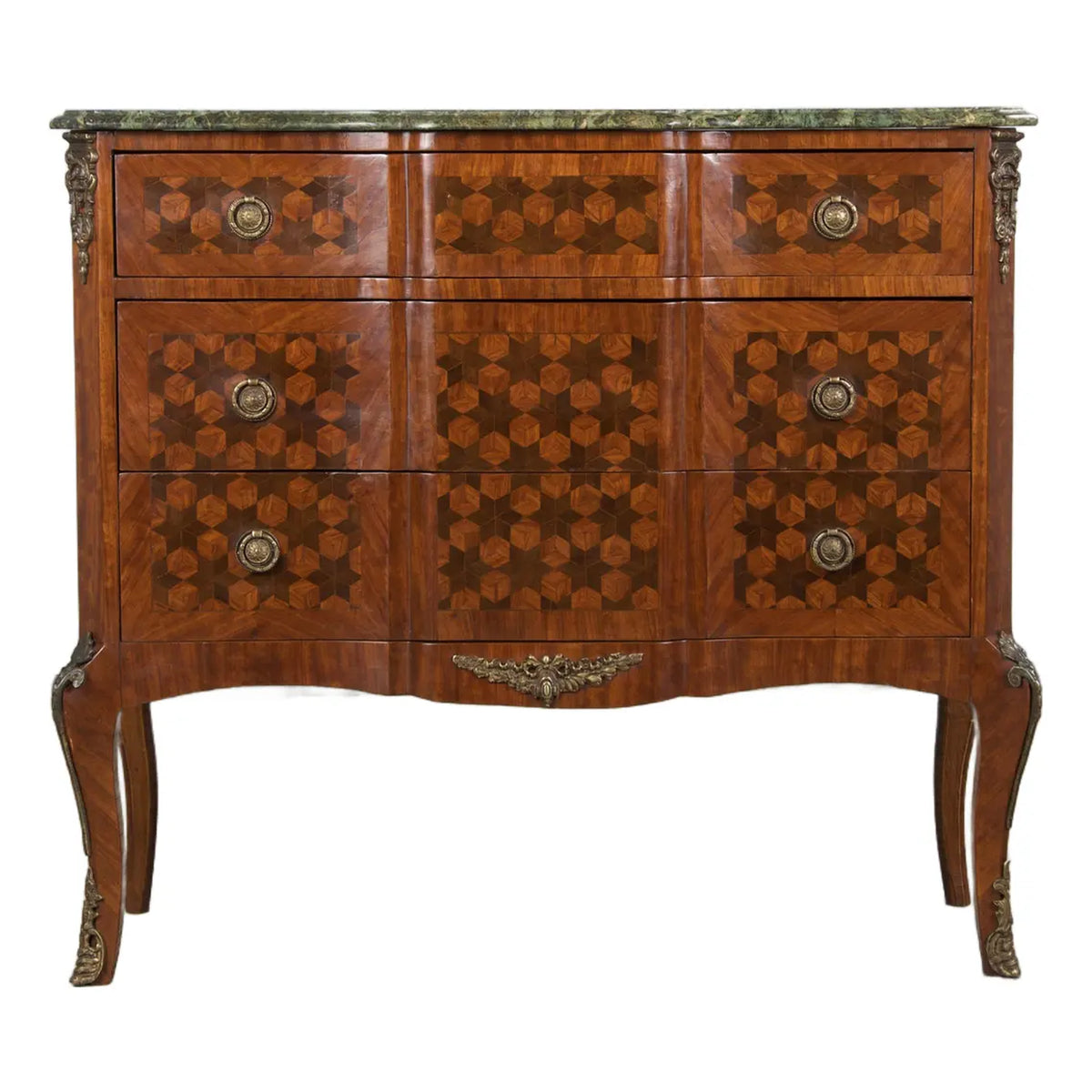 Antique French Louis XV Style Kingwood Marquetry Commode W/ Green Marble