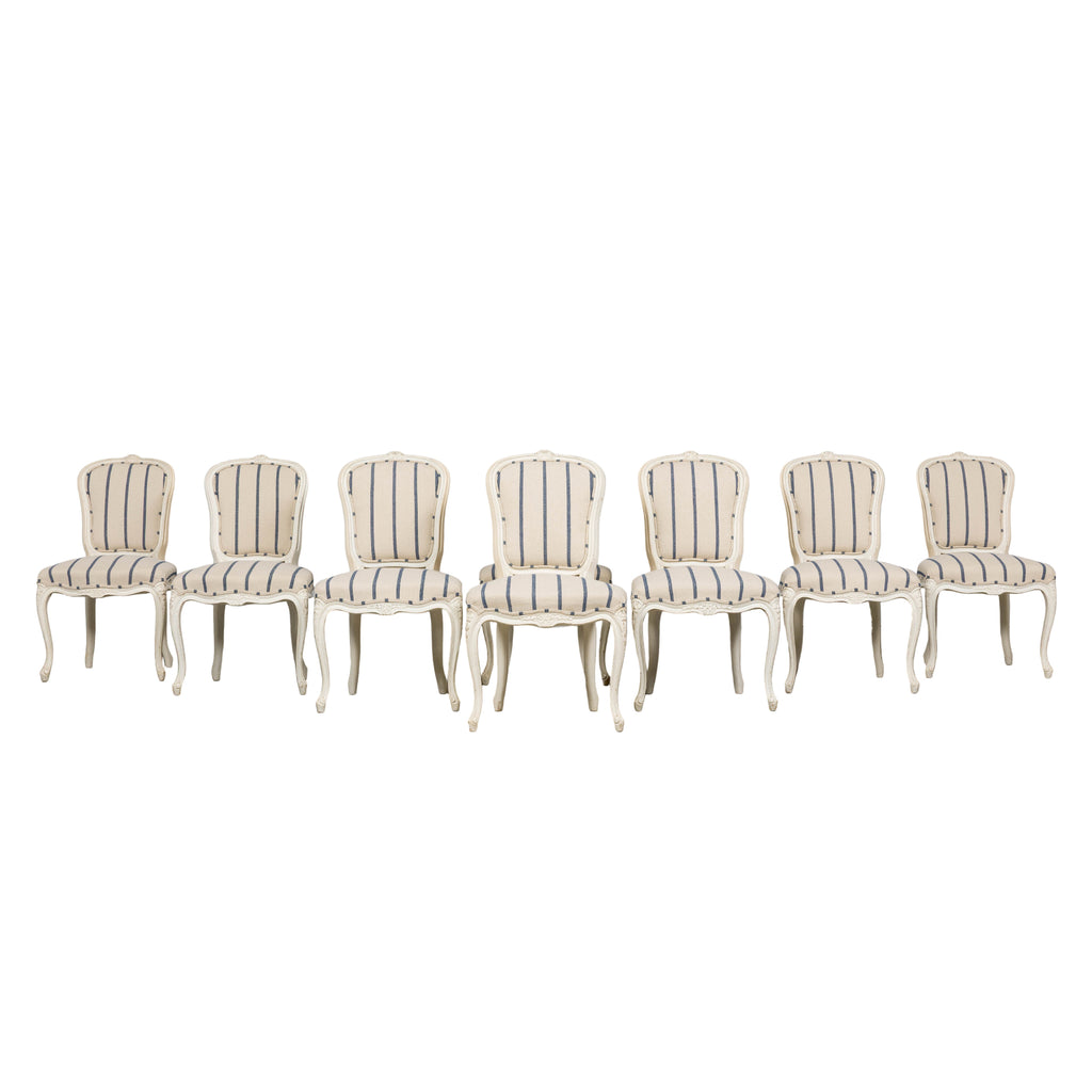 Antique French Louis XV Style Painted Provincial Dining Chairs in Striped Jacquard – Set of 8