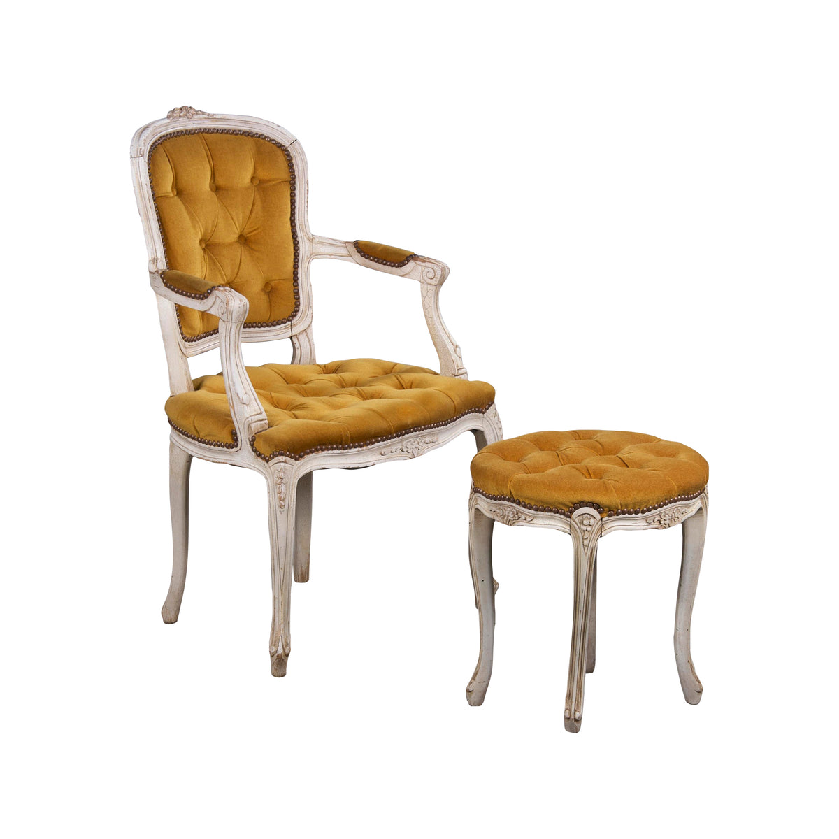 Antique French Louis XV Style Provincial Painted Armchair and Taboret W/ Golden Yellow Buttoned Velvet - A Pair