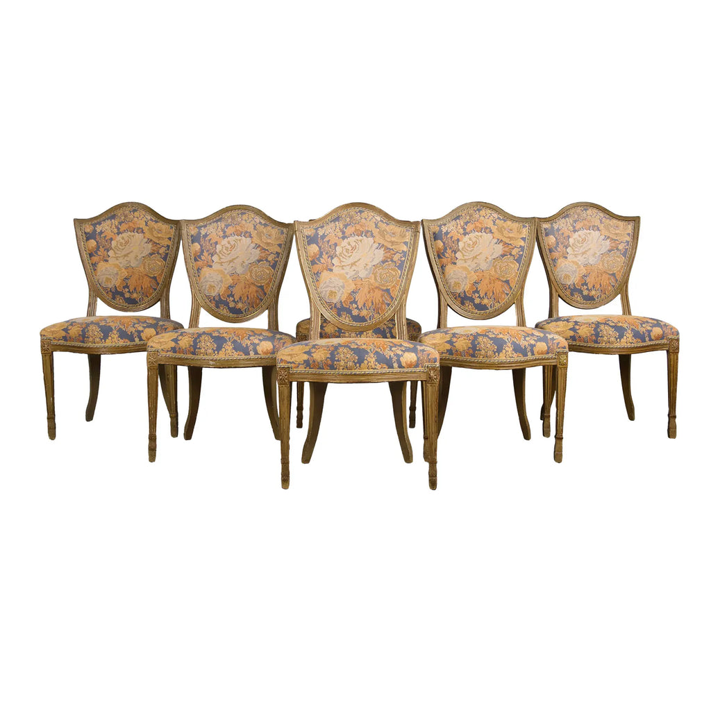 Antique French Neoclassical Louis XVI Painted Dining Chairs W/ Floral Fabric - Set of 6
