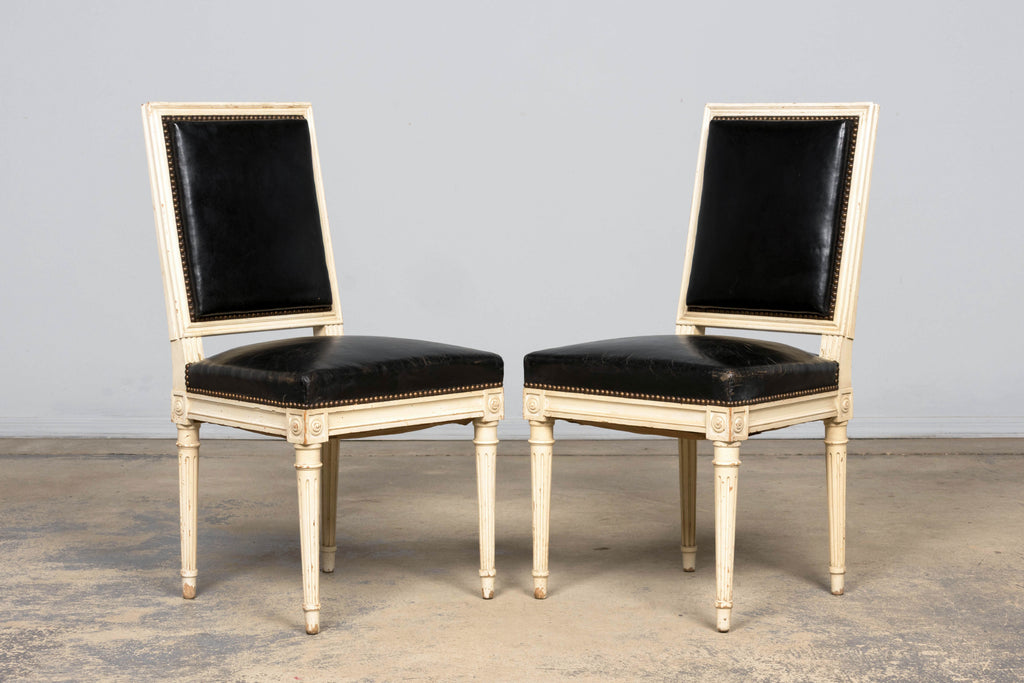 Antique Set of 6 French Louis XVI Style Painted Dining Chairs in Dark Blue-Black Leather