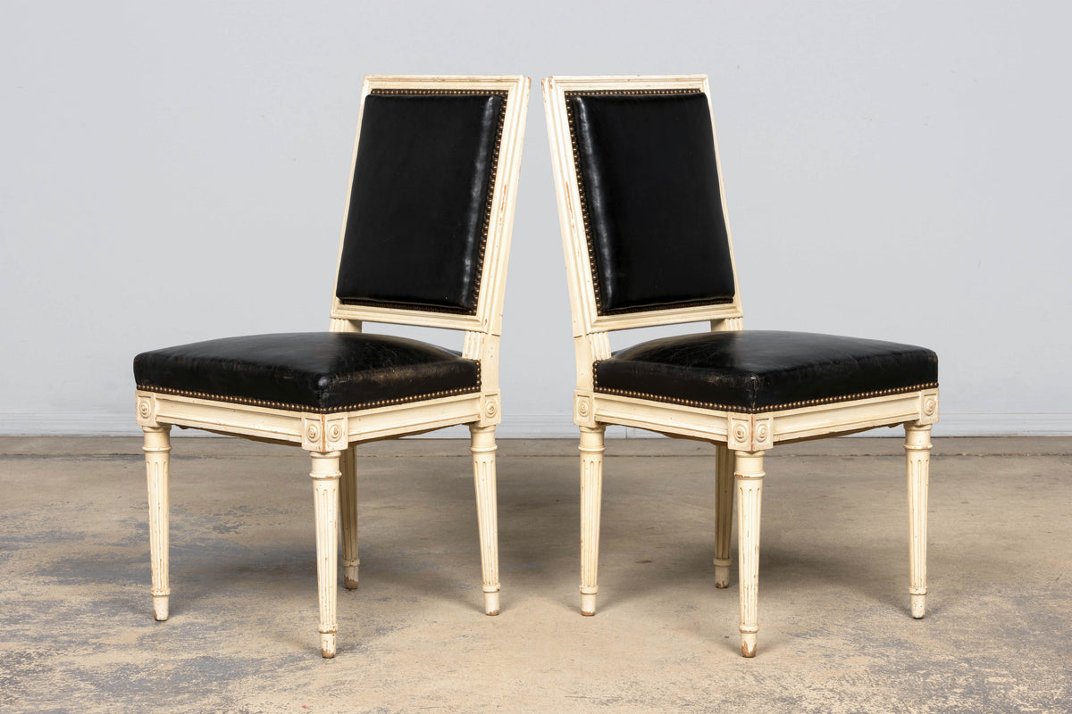 Antique Set of 6 French Louis XVI Style Painted Dining Chairs in Dark Blue-Black Leather