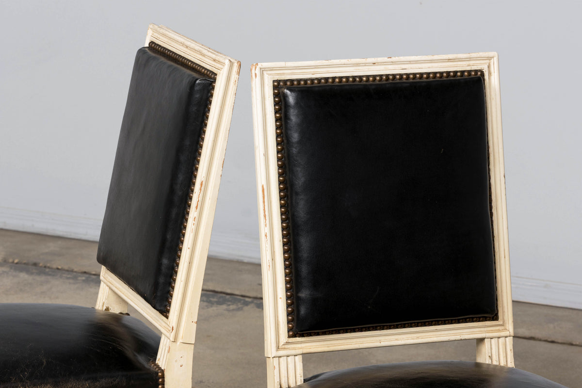 Antique Set of 6 French Louis XVI Style Painted Dining Chairs in Dark Blue-Black Leather