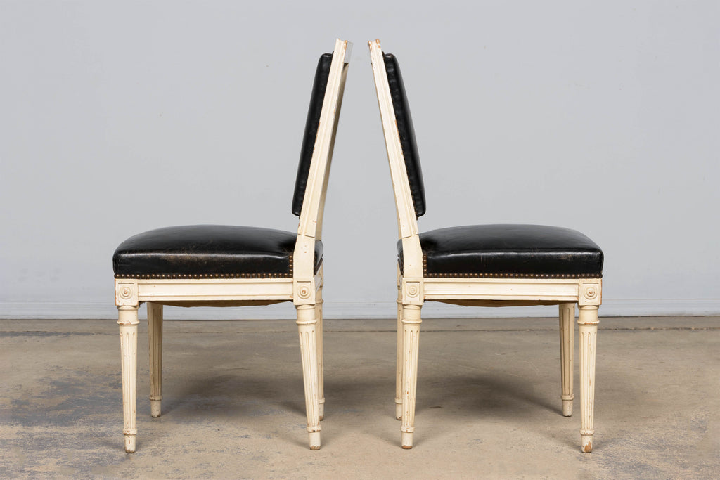 Antique Set of 6 French Louis XVI Style Painted Dining Chairs in Dark Blue-Black Leather