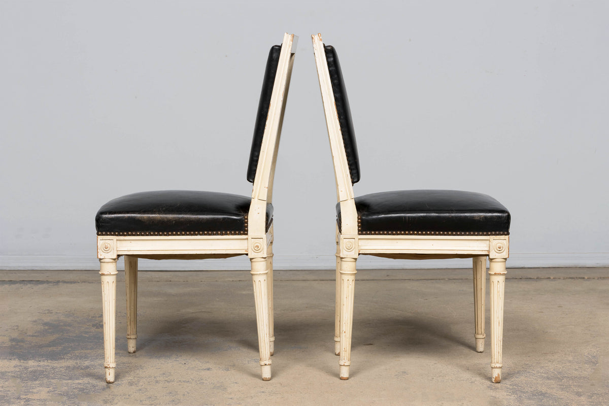 Antique Set of 6 French Louis XVI Style Painted Dining Chairs in Dark Blue-Black Leather