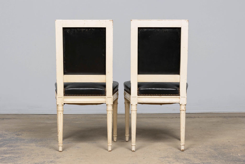 Antique Set of 6 French Louis XVI Style Painted Dining Chairs in Dark Blue-Black Leather