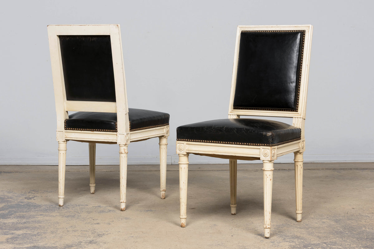 Antique Set of 6 French Louis XVI Style Painted Dining Chairs in Dark Blue-Black Leather