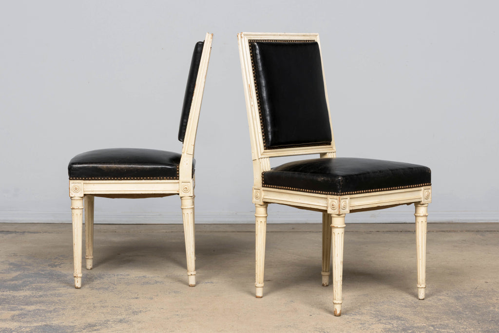 Antique Set of 6 French Louis XVI Style Painted Dining Chairs in Dark Blue-Black Leather