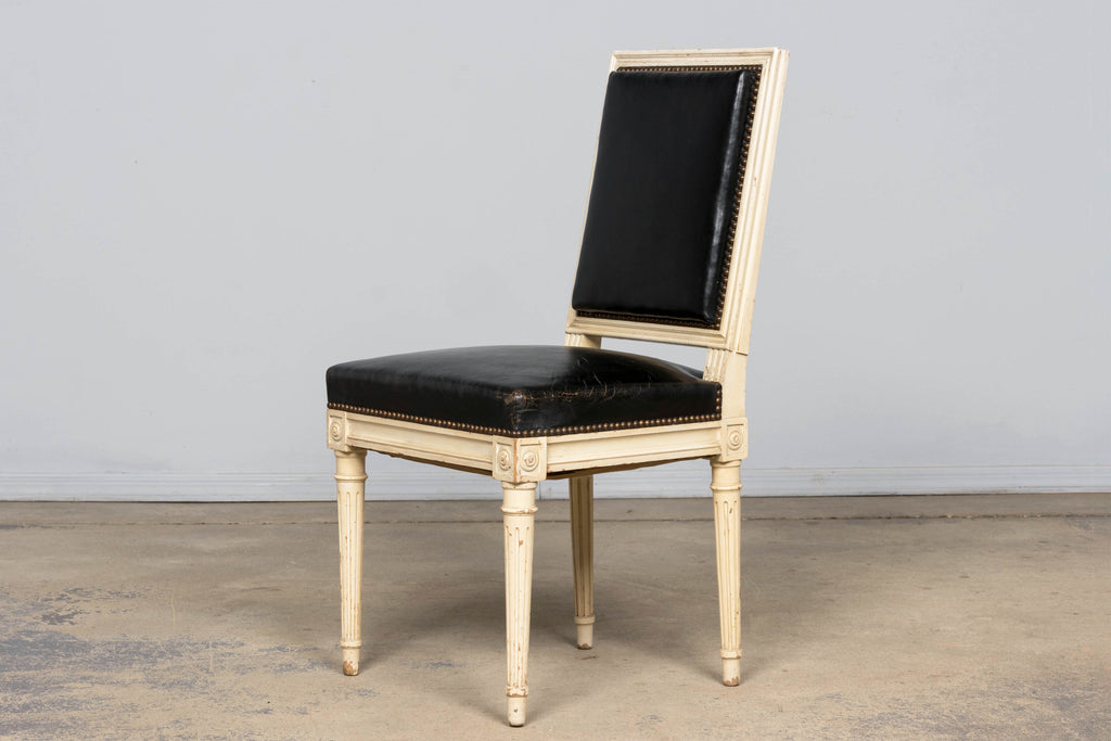 Antique Set of 6 French Louis XVI Style Painted Dining Chairs in Dark Blue-Black Leather