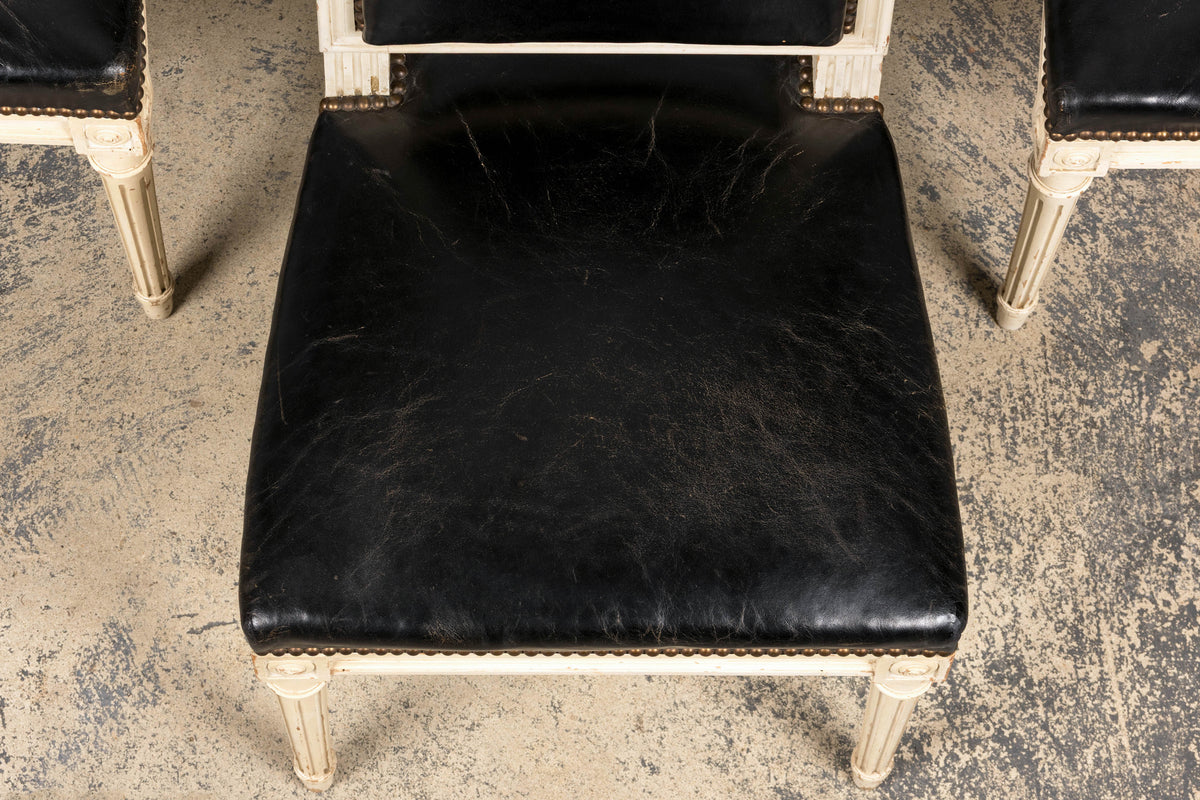 Antique Set of 6 French Louis XVI Style Painted Dining Chairs in Dark Blue-Black Leather