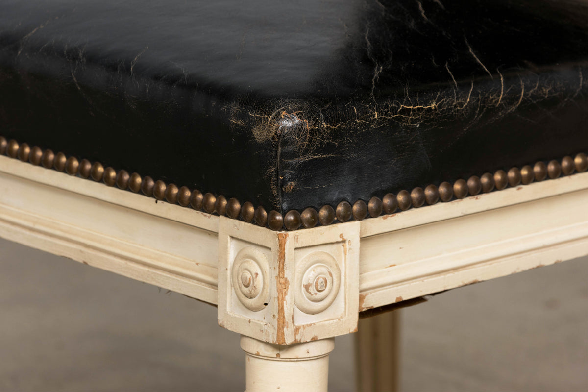 Antique Set of 6 French Louis XVI Style Painted Dining Chairs in Dark Blue-Black Leather