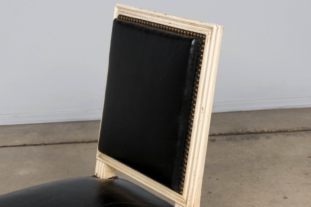 Antique Set of 6 French Louis XVI Style Painted Dining Chairs in Dark Blue-Black Leather