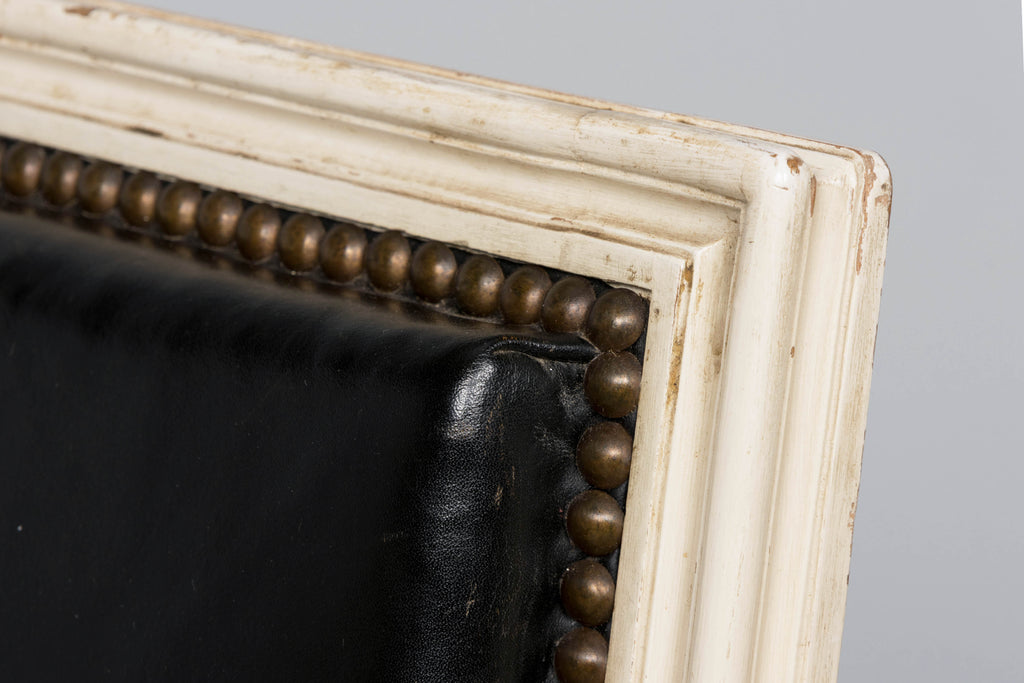 Antique Set of 6 French Louis XVI Style Painted Dining Chairs in Dark Blue-Black Leather