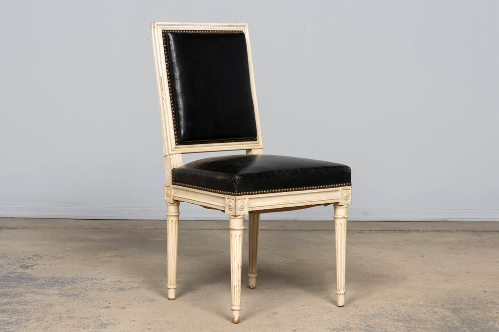 Antique Set of 6 French Louis XVI Style Painted Dining Chairs in Dark Blue-Black Leather