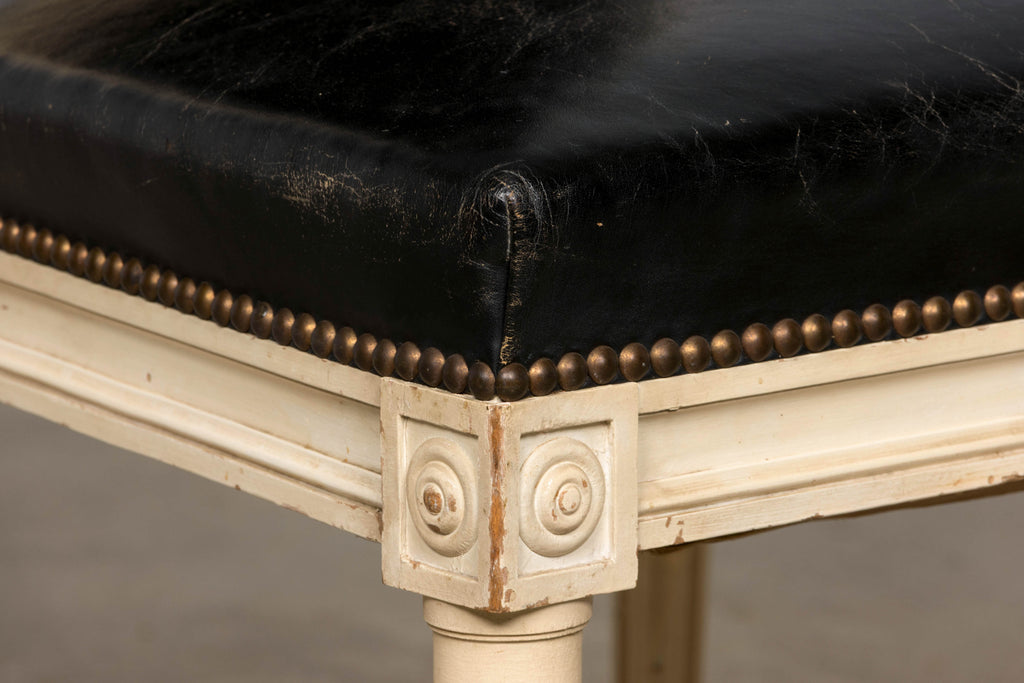 Antique Set of 6 French Louis XVI Style Painted Dining Chairs in Dark Blue-Black Leather