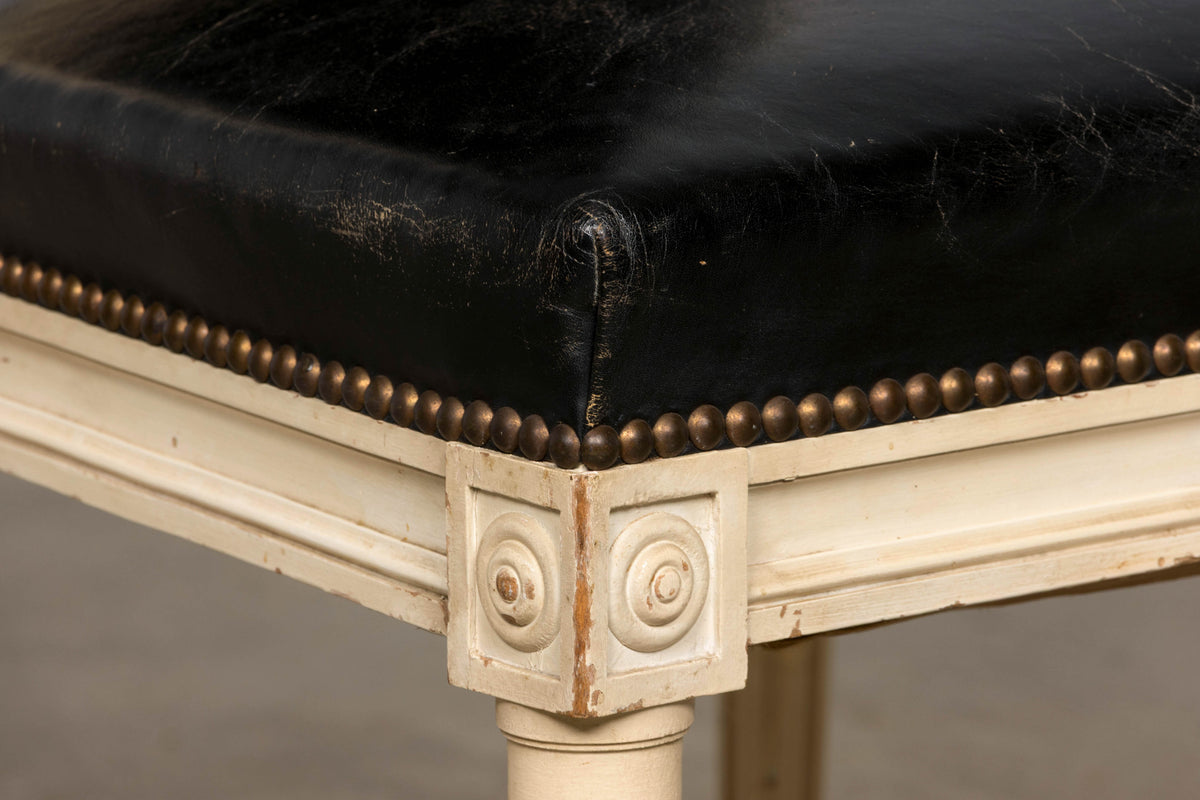 Antique Set of 6 French Louis XVI Style Painted Dining Chairs in Dark Blue-Black Leather