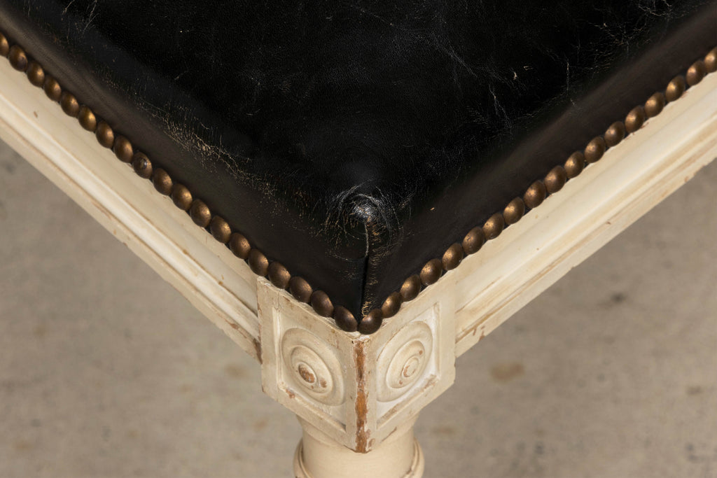 Antique Set of 6 French Louis XVI Style Painted Dining Chairs in Dark Blue-Black Leather