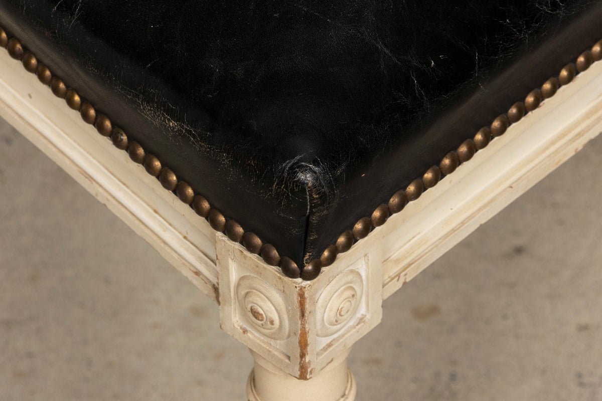 Antique Set of 6 French Louis XVI Style Painted Dining Chairs in Dark Blue-Black Leather