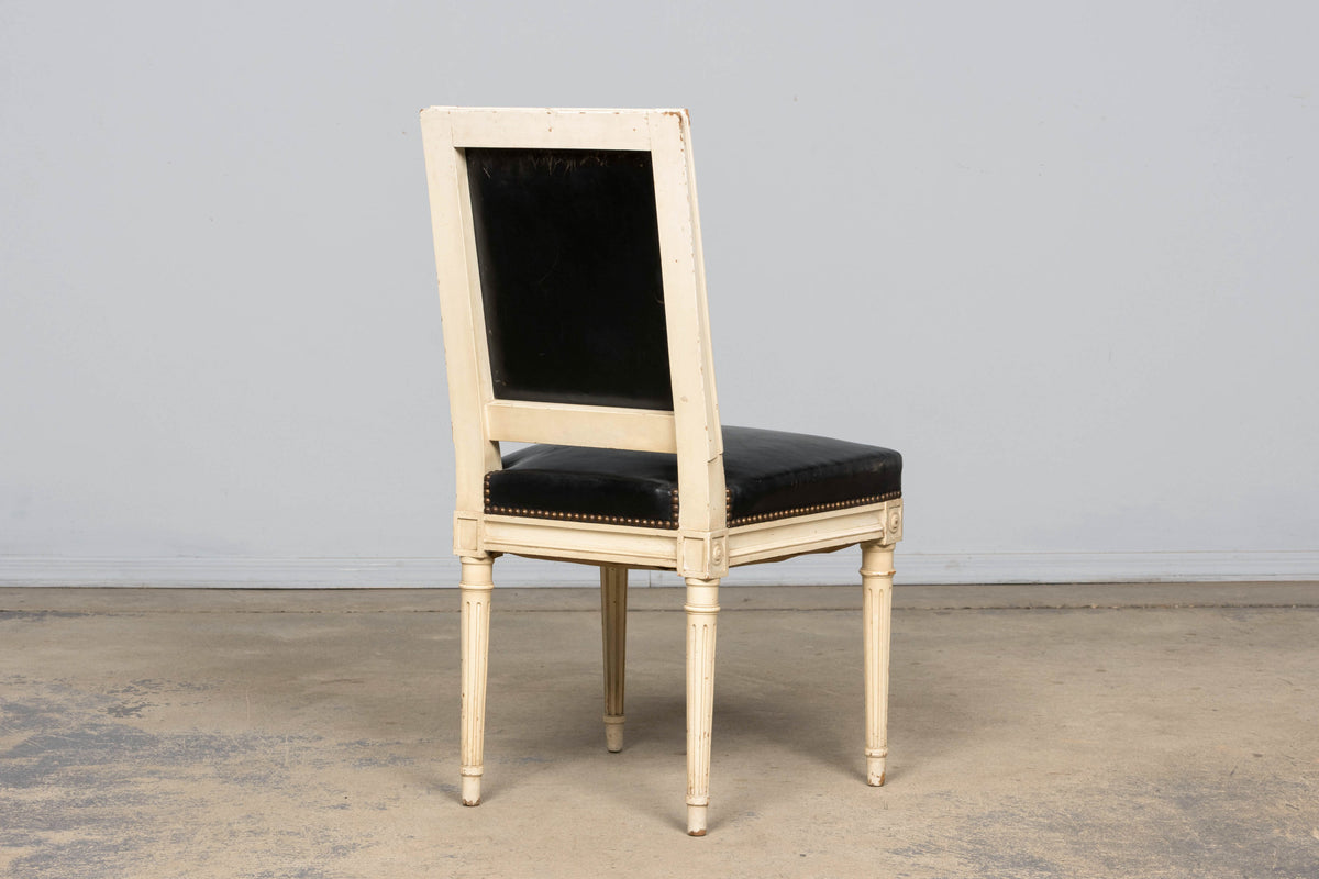 Antique Set of 6 French Louis XVI Style Painted Dining Chairs in Dark Blue-Black Leather