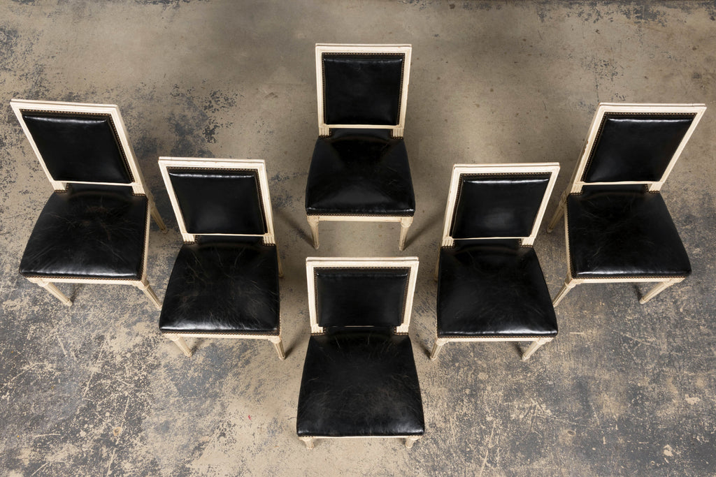 Antique Set of 6 French Louis XVI Style Painted Dining Chairs in Dark Blue-Black Leather