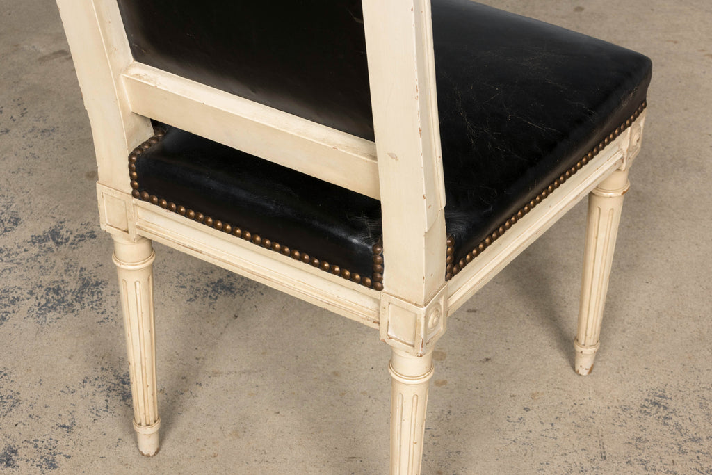 Antique Set of 6 French Louis XVI Style Painted Dining Chairs in Dark Blue-Black Leather
