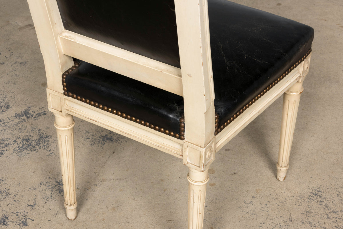 Antique Set of 6 French Louis XVI Style Painted Dining Chairs in Dark Blue-Black Leather