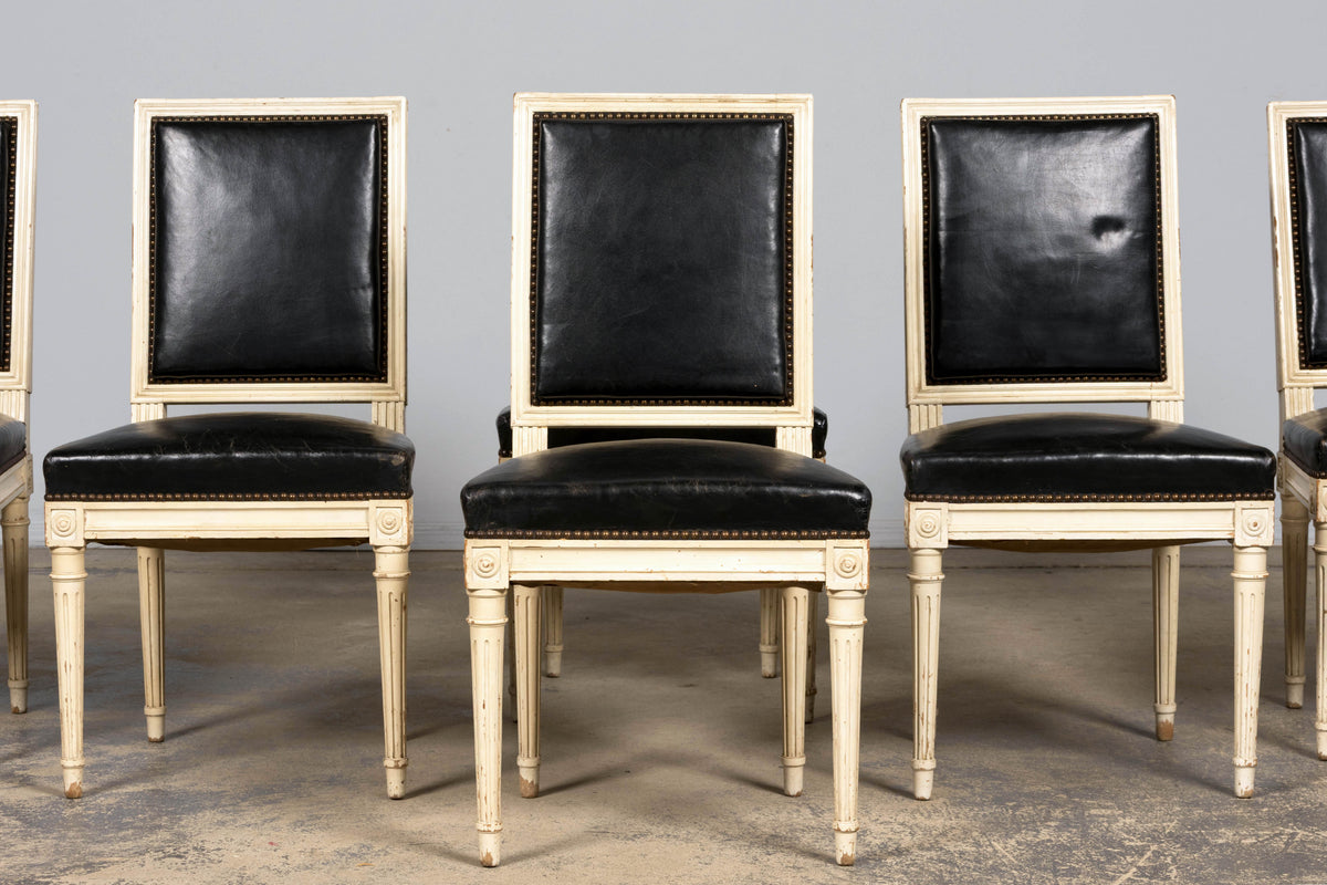Antique Set of 6 French Louis XVI Style Painted Dining Chairs in Dark Blue-Black Leather