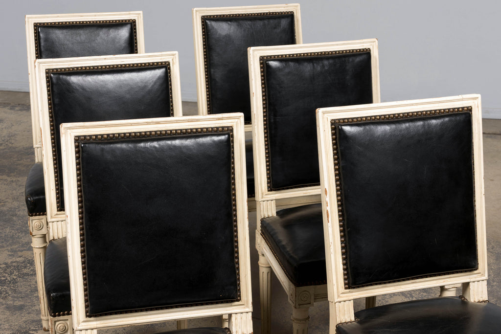 Antique Set of 6 French Louis XVI Style Painted Dining Chairs in Dark Blue-Black Leather