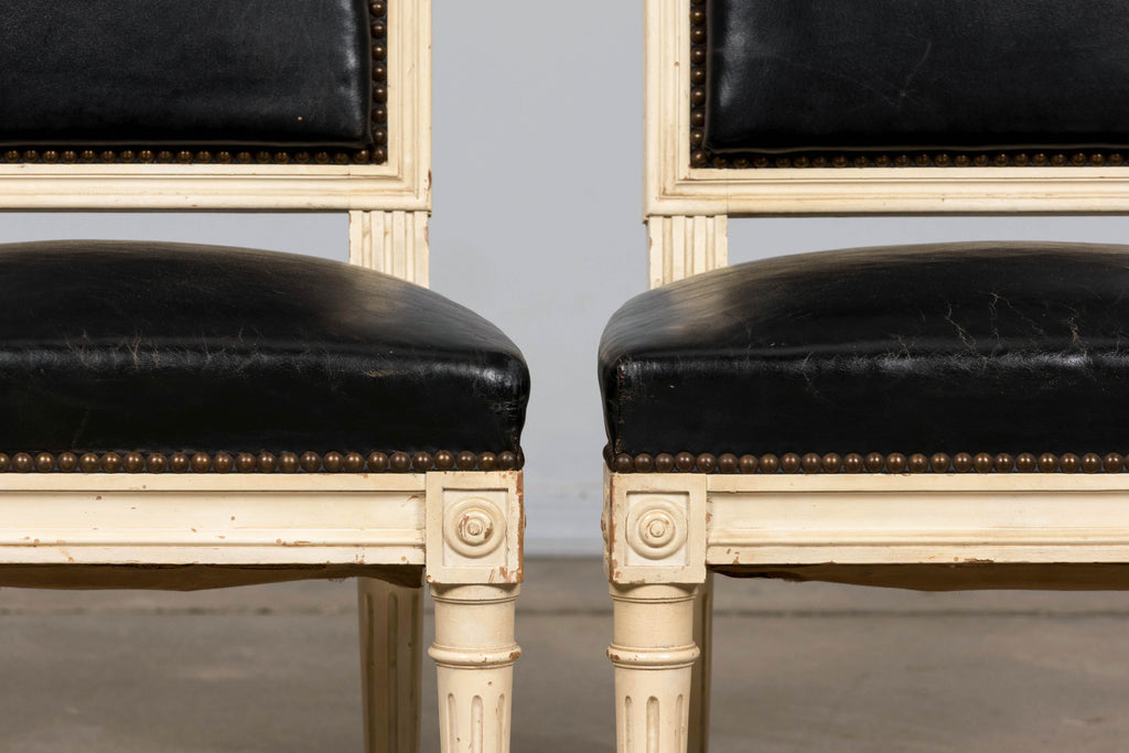 Antique Set of 6 French Louis XVI Style Painted Dining Chairs in Dark Blue-Black Leather