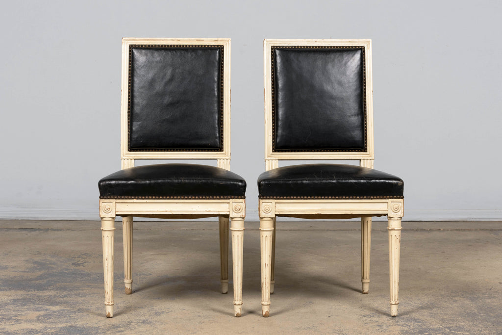Antique Set of 6 French Louis XVI Style Painted Dining Chairs in Dark Blue-Black Leather
