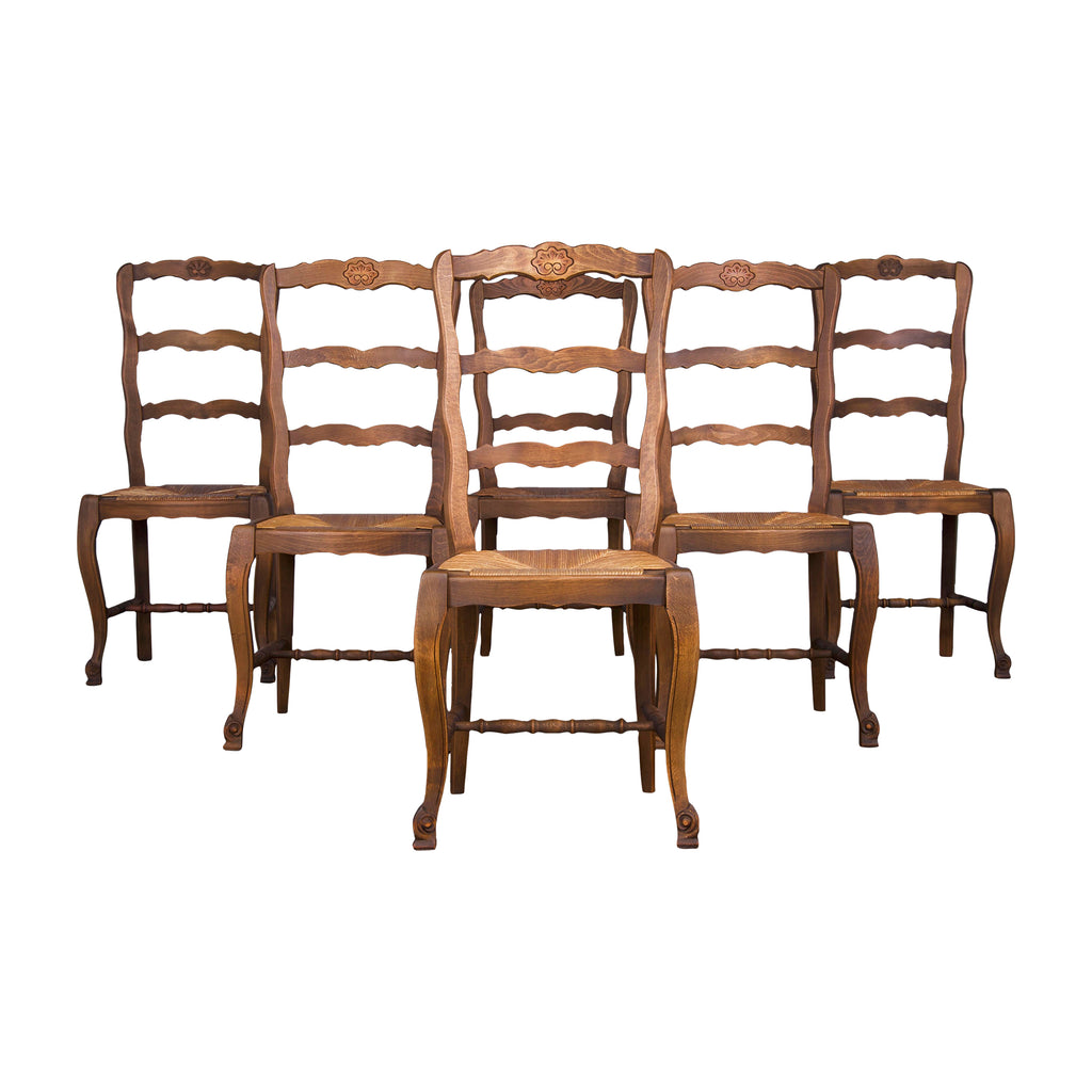 Country French Louis XV Style Provincial Ladder Back Dining Chairs W/ Rush Seats - Set of 6