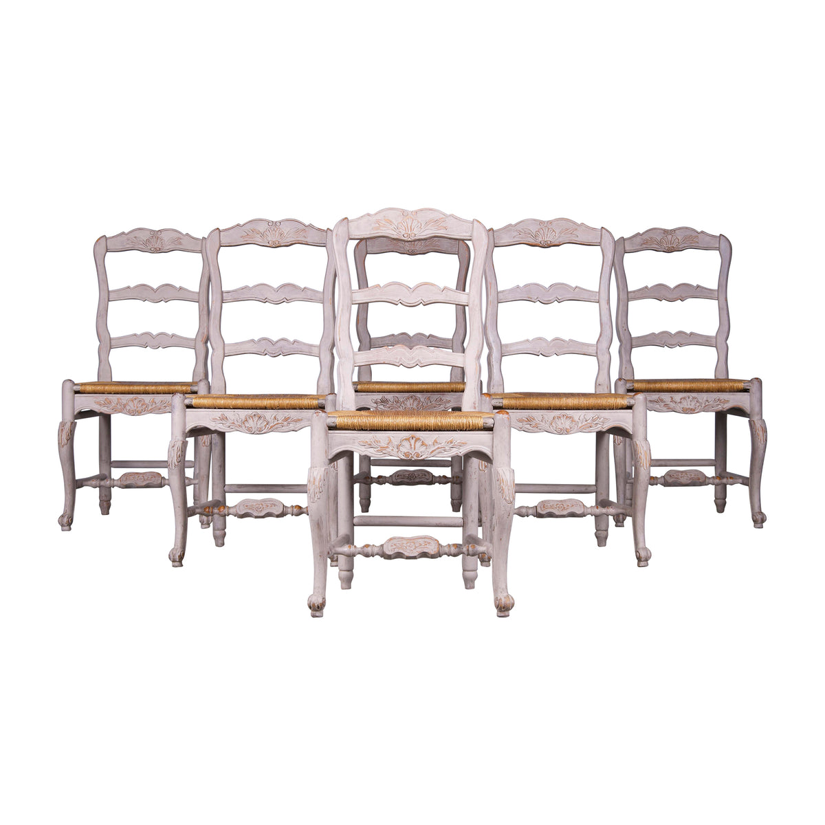 Country French Louis XV Style Provincial Painted Gray Dining Chairs W/ Rush Seats - Set of 6