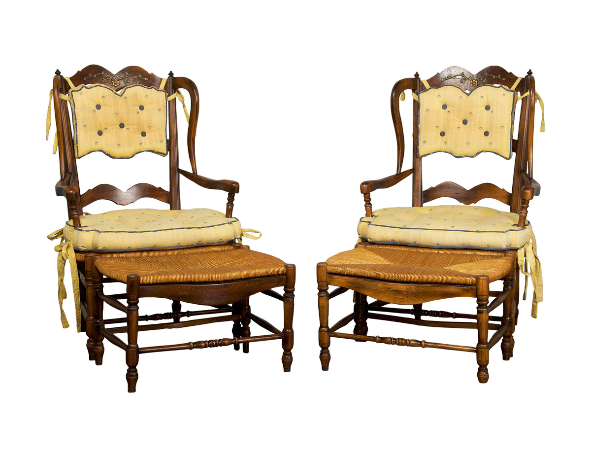 Country French Provincial Maple Rush Wingback Armchairs W/ Ottomans - A Pair