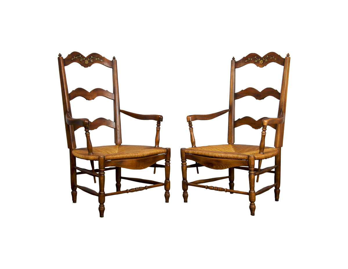 Country French Provincial Style Maple Rush Armchairs - A Pair