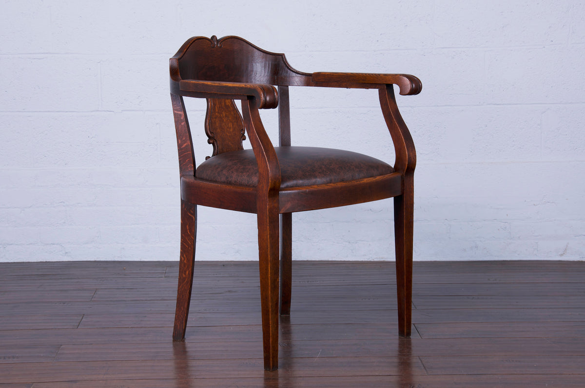 Antique Country French Oak Armchair W/ Brown Leather Seat