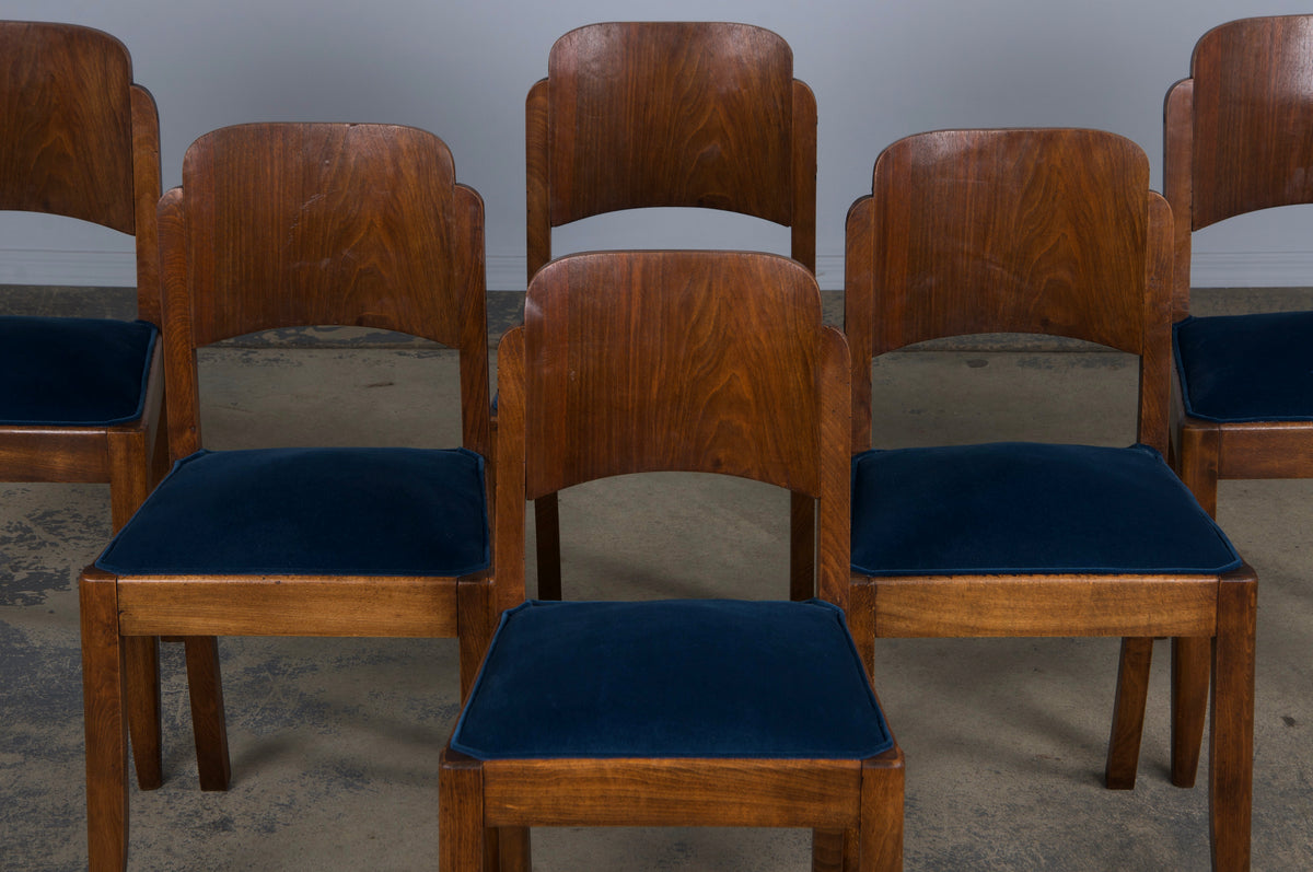 1950s French Art Deco Maple Dining Chairs W/ Dark Blue Velvet - Set of 6