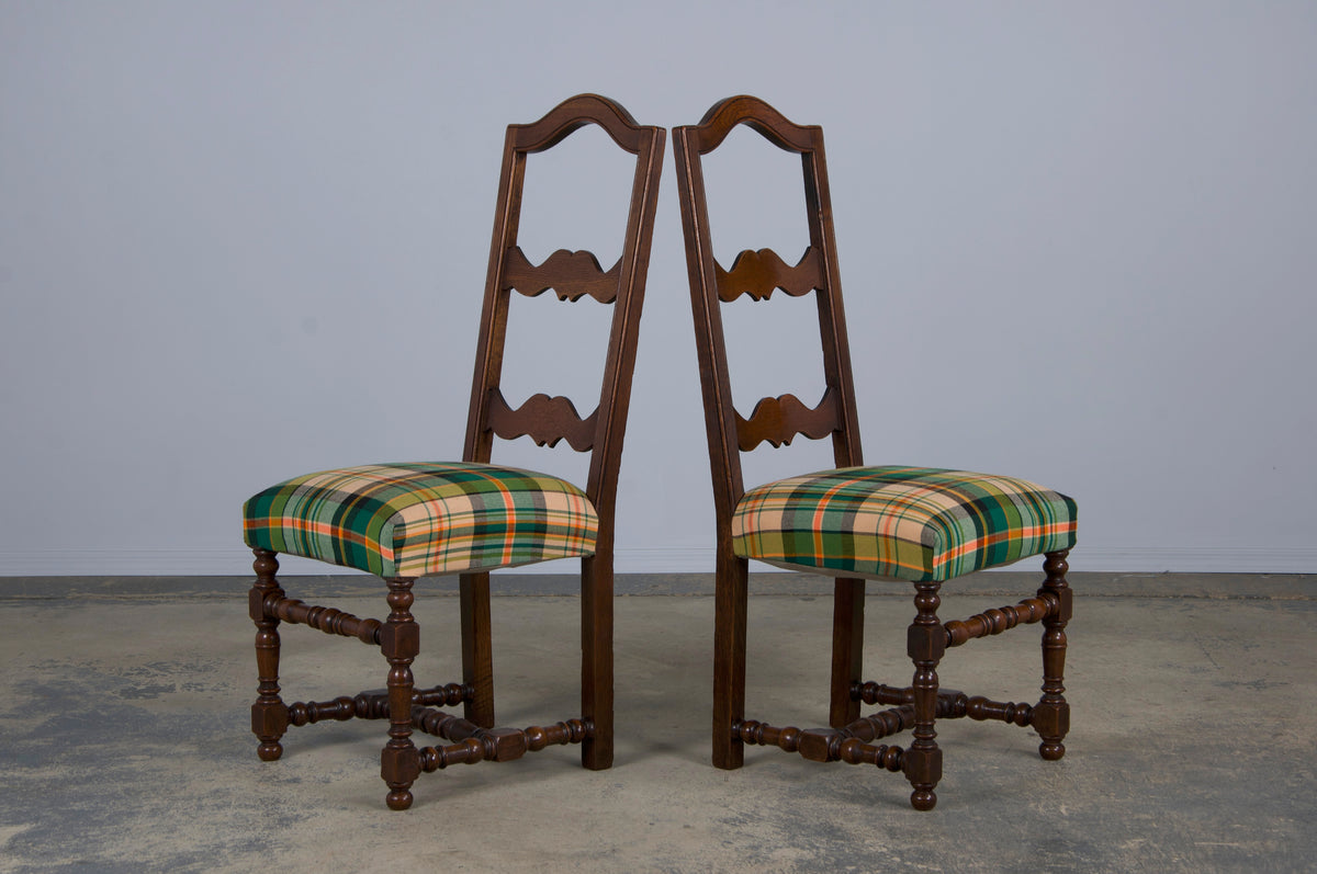 Antique French Louis XIII Style Oak Ladder Back Dining Chairs W/ Plaid Fabric - Set of 8