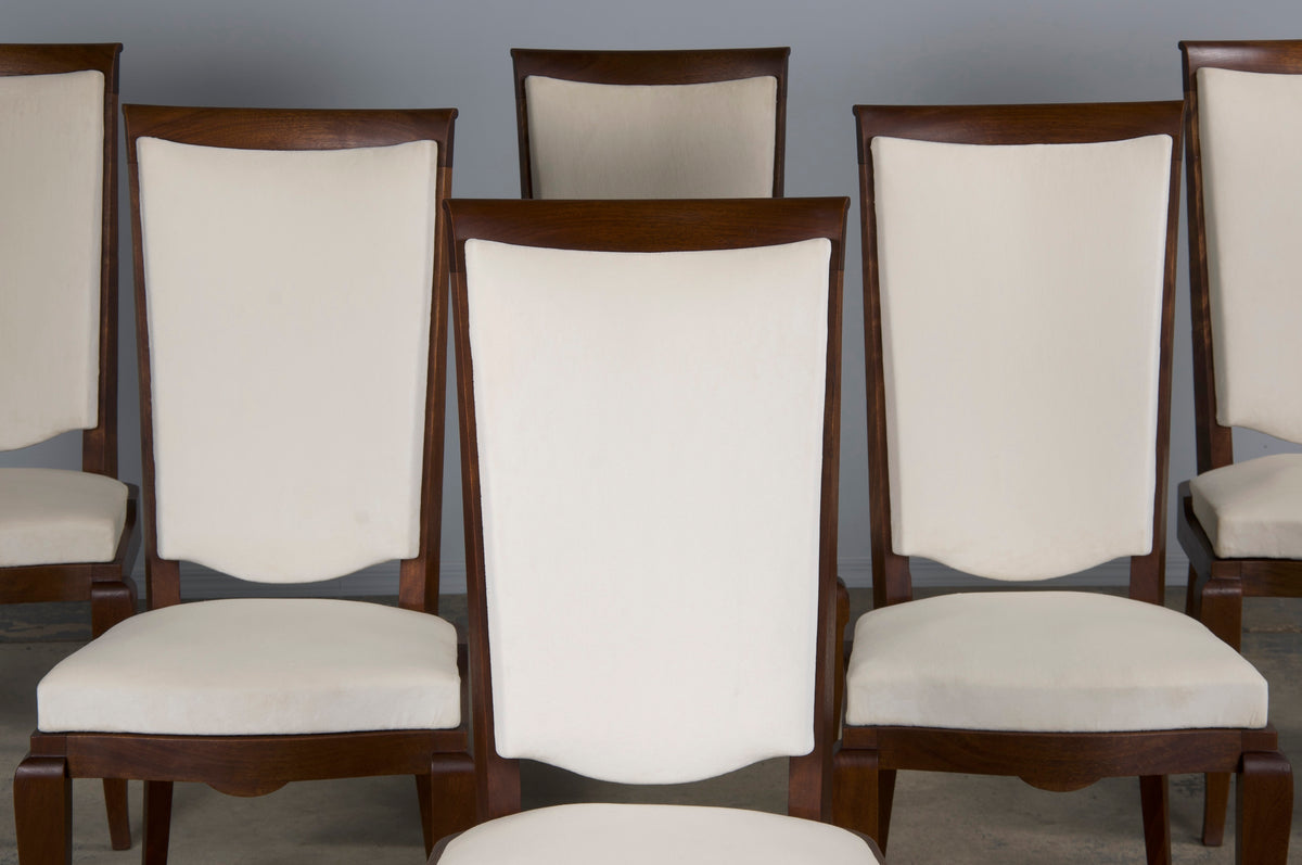 1920s French Art Deco Walnut Dining Chairs W/ Off-White Velvet - Set of 6