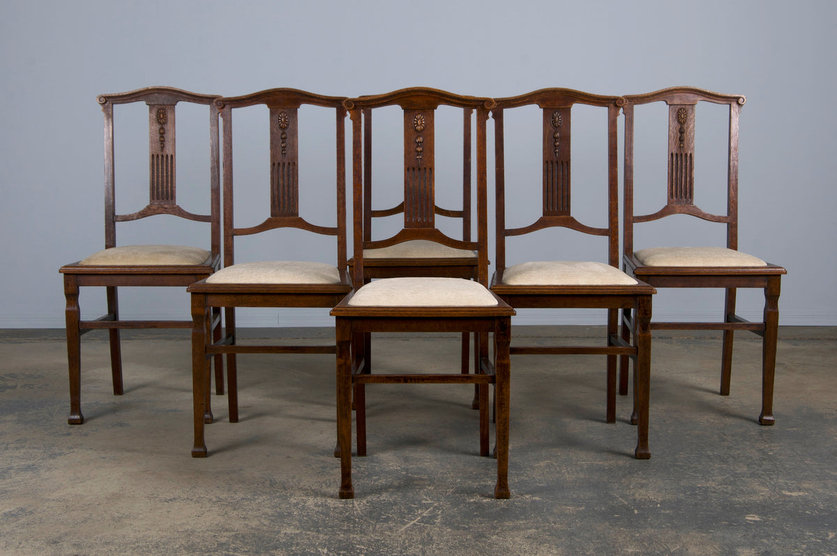 Antique French Art Nouveau Oak Dining Chairs W/ Beige Chenille - Set of 6