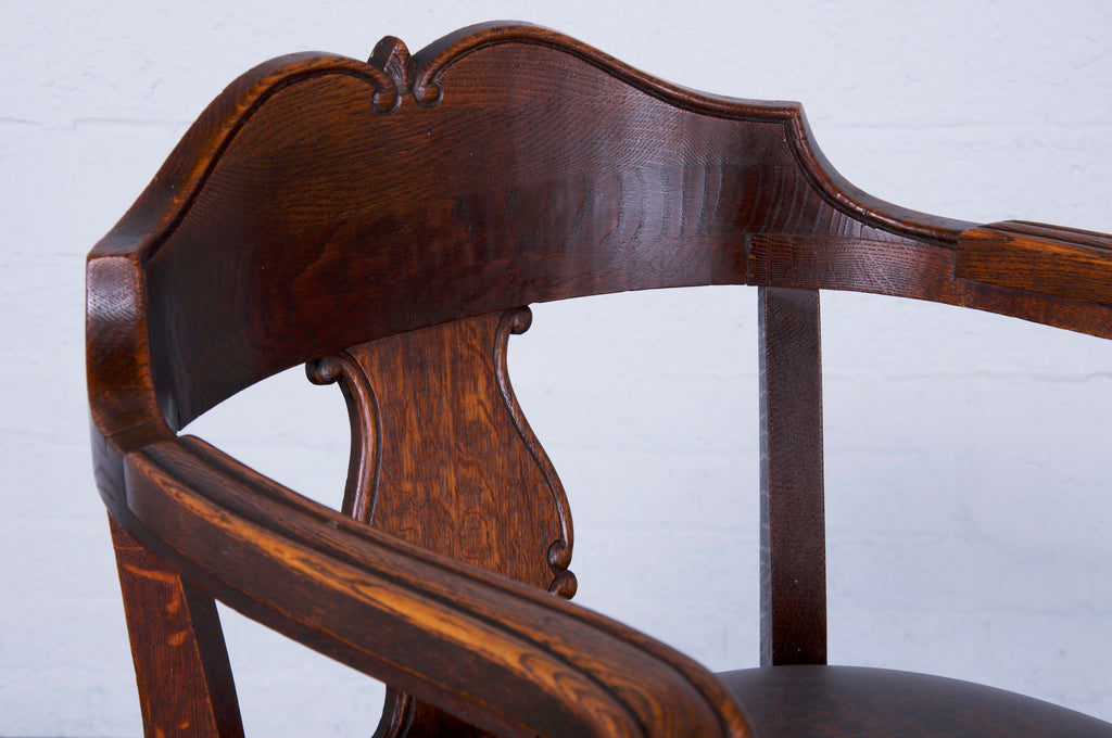 Antique Country French Oak Armchair W/ Brown Leather Seat