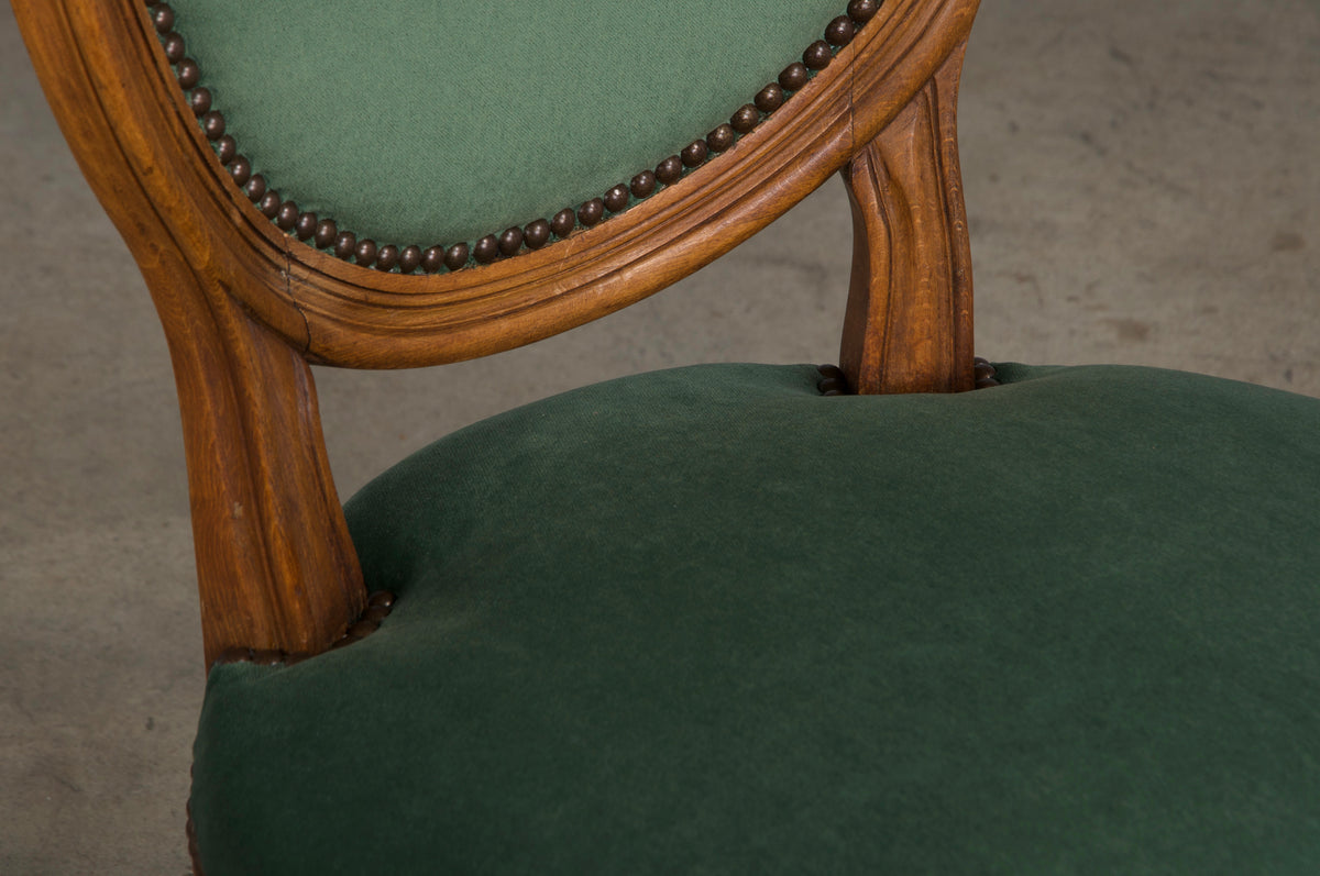 French Louis XVI Style Maple Dining Chairs W/ Green Velvet - Set of 6