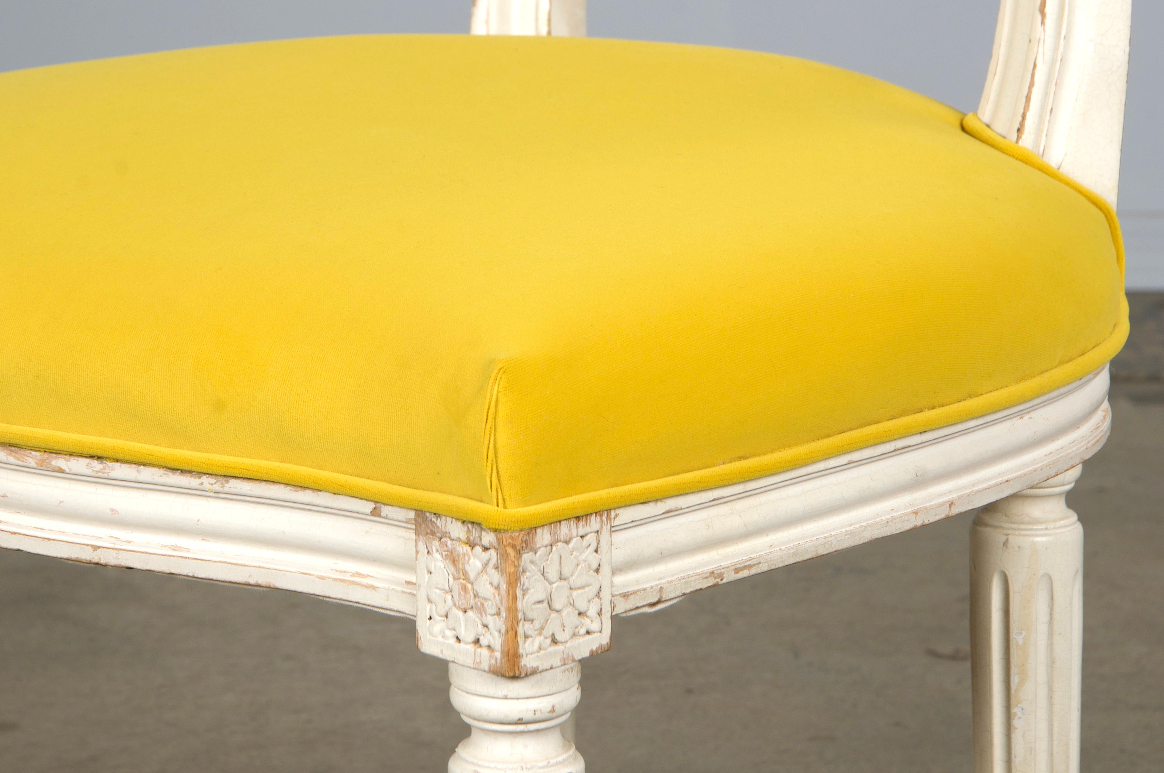 French Louis XVI Style Painted Side Chairs in Lemon Velvet - A Pair