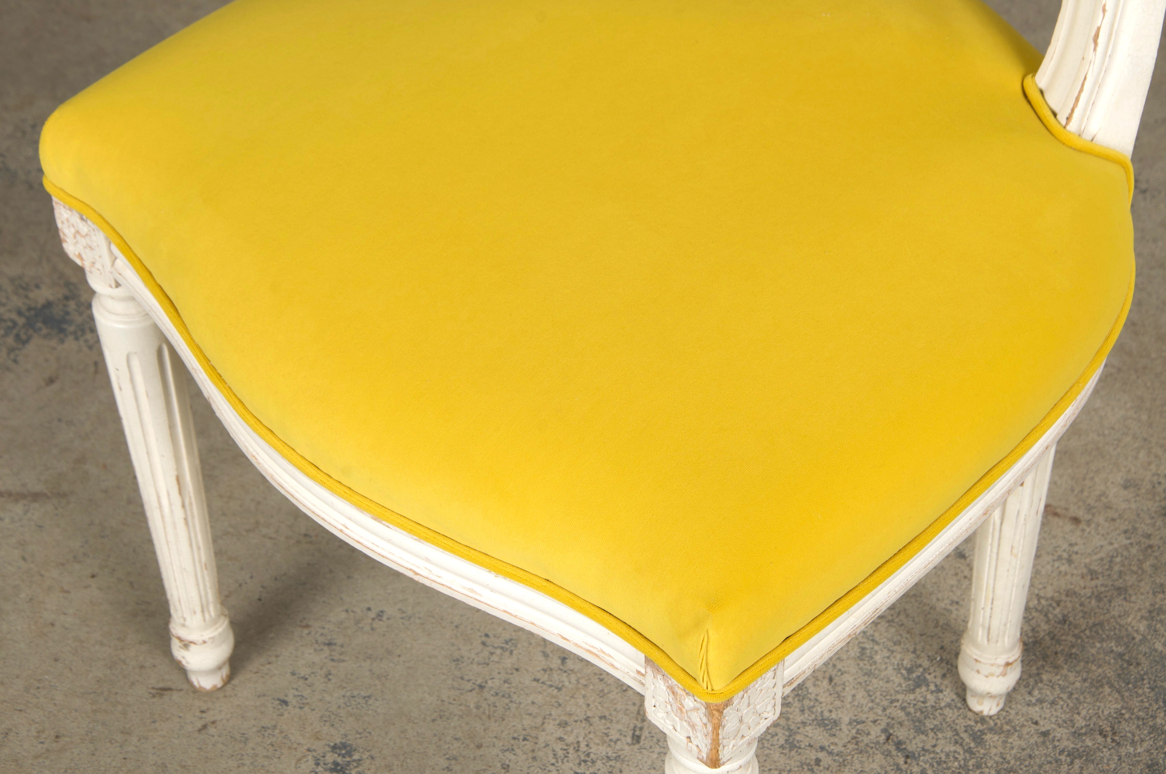 French Louis XVI Style Painted Side Chairs in Lemon Velvet - A Pair