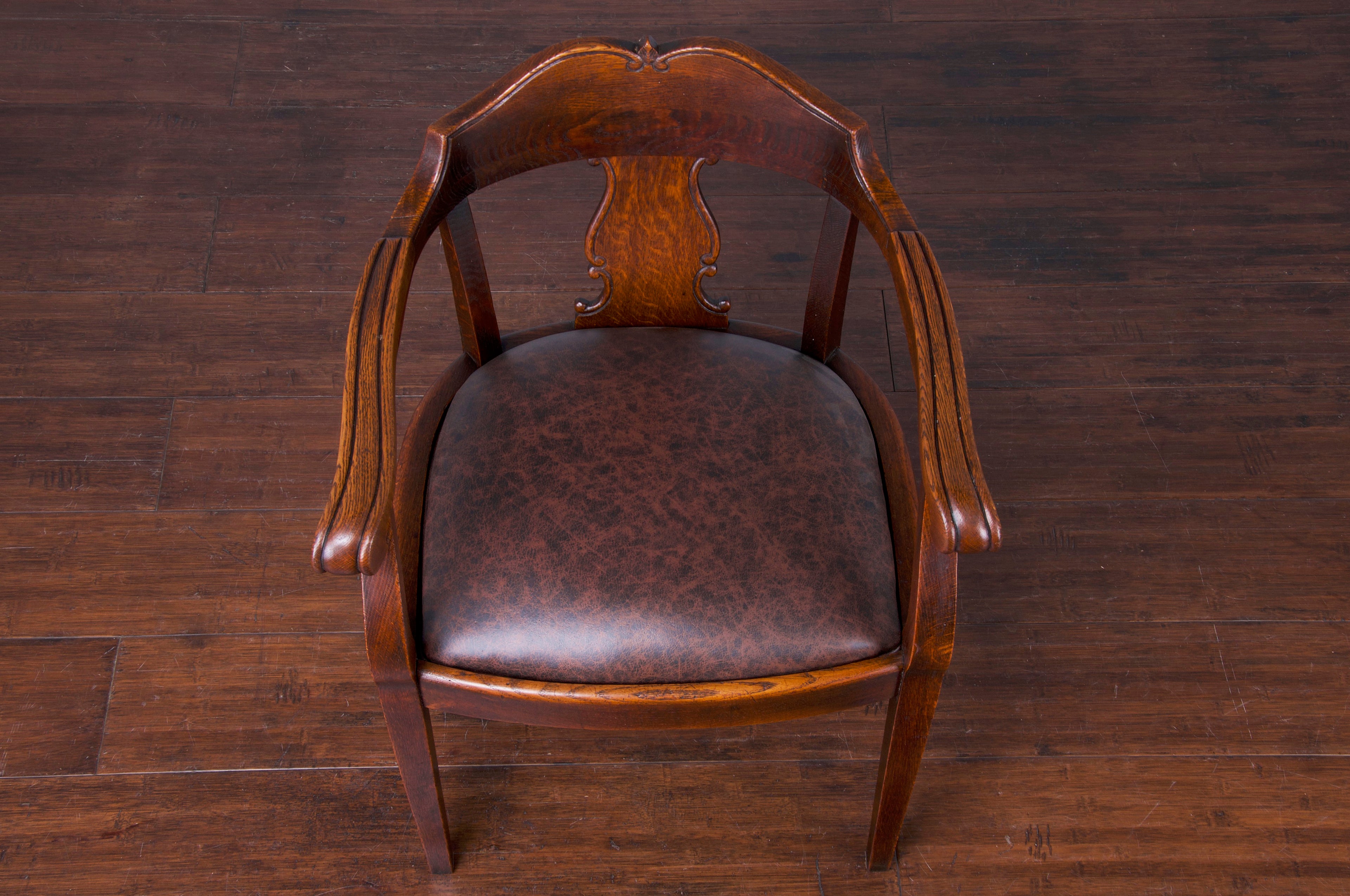 Antique Country French Oak Armchair W/ Brown Leather Seat