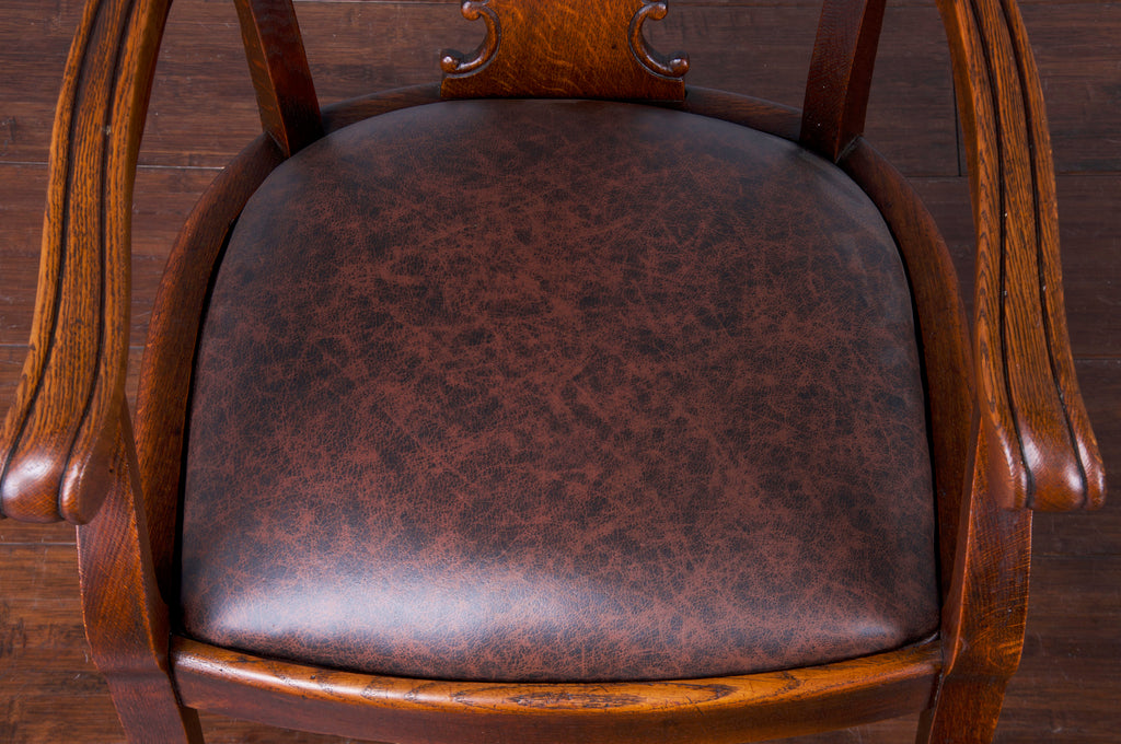 Antique Country French Oak Armchair W/ Brown Leather Seat