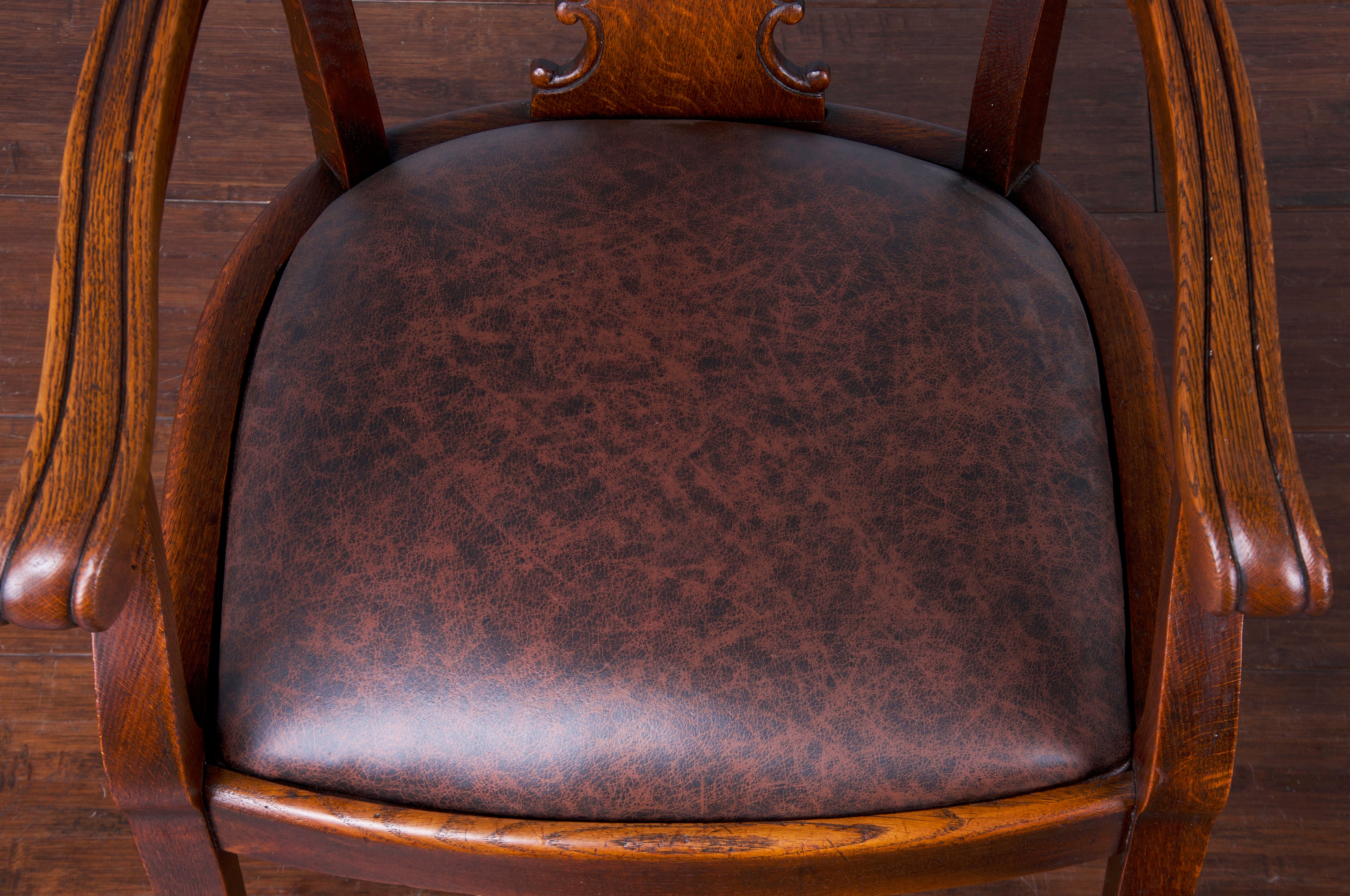 Antique Country French Oak Armchair W/ Brown Leather Seat