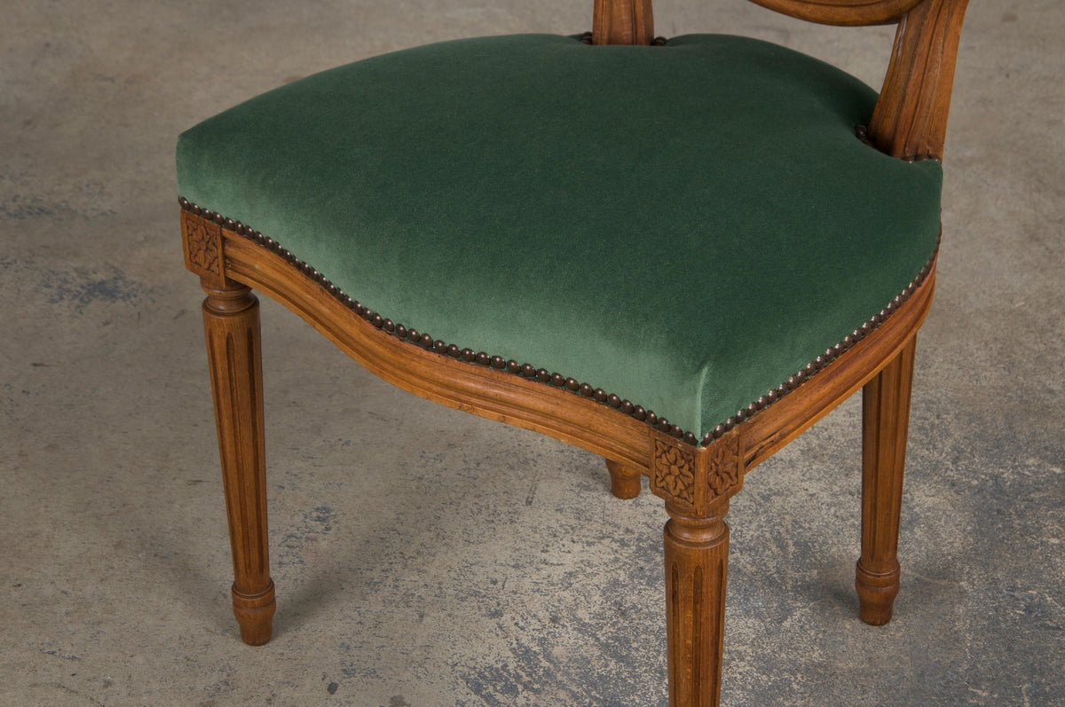 French Louis XVI Style Maple Dining Chairs W/ Green Velvet - Set of 6