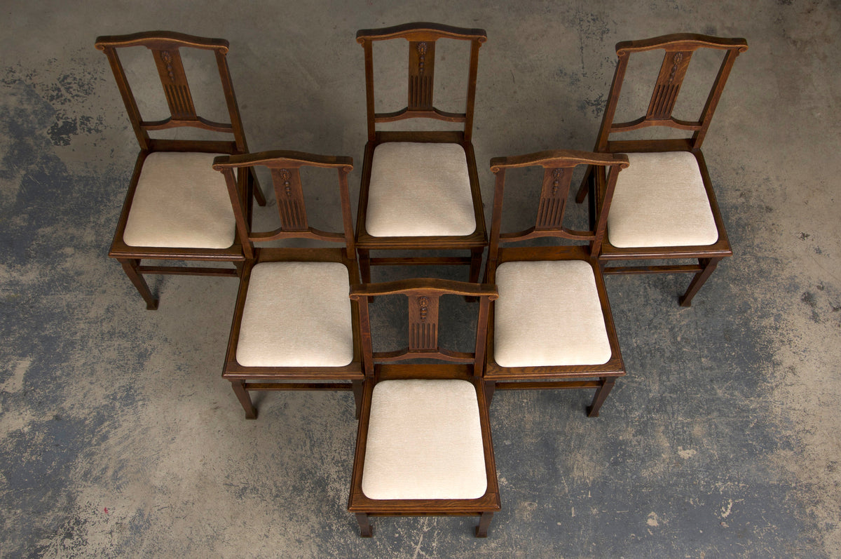 Antique French Art Nouveau Oak Dining Chairs W/ Beige Chenille - Set of 6