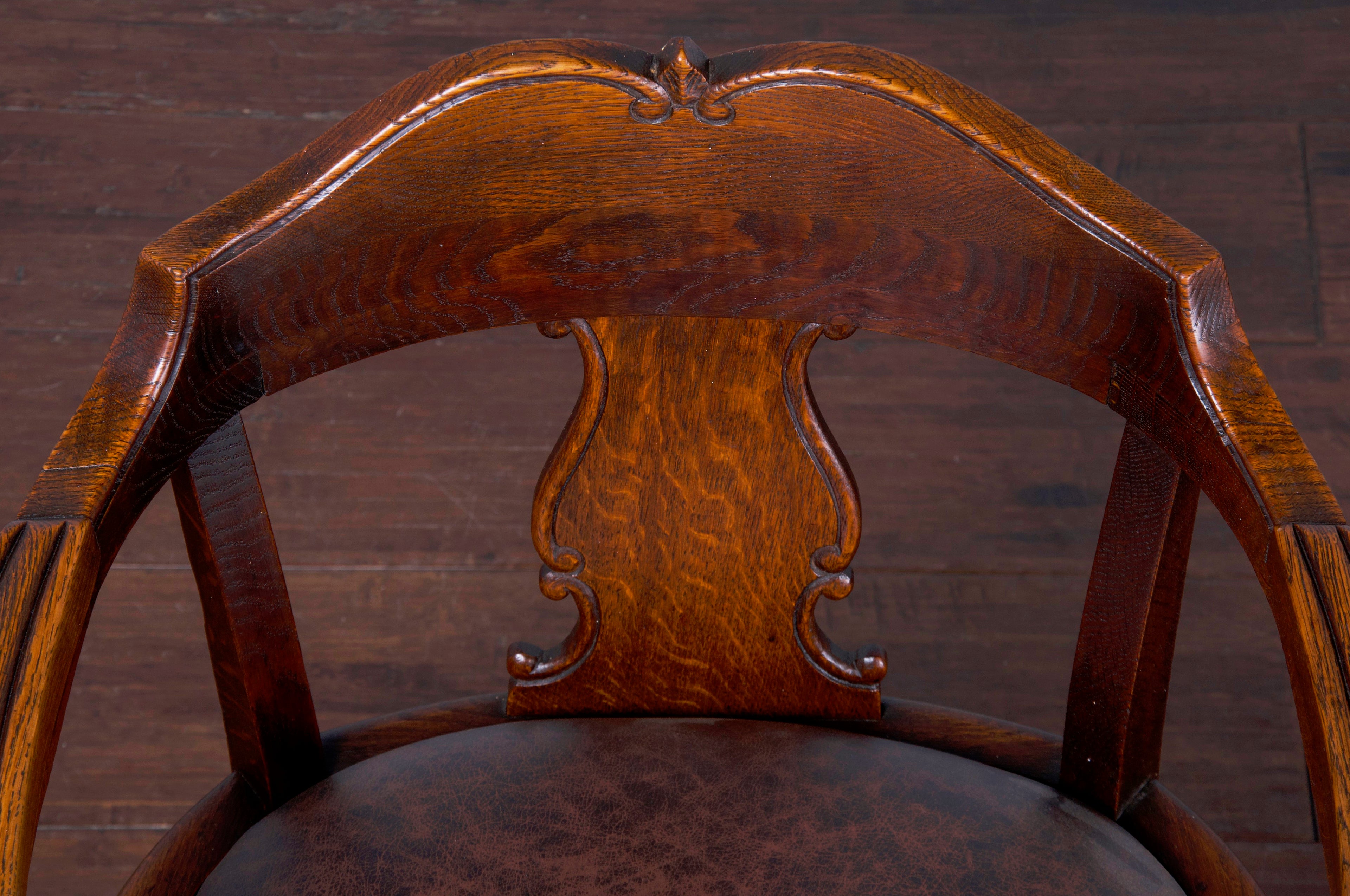 Antique Country French Oak Armchair W/ Brown Leather Seat
